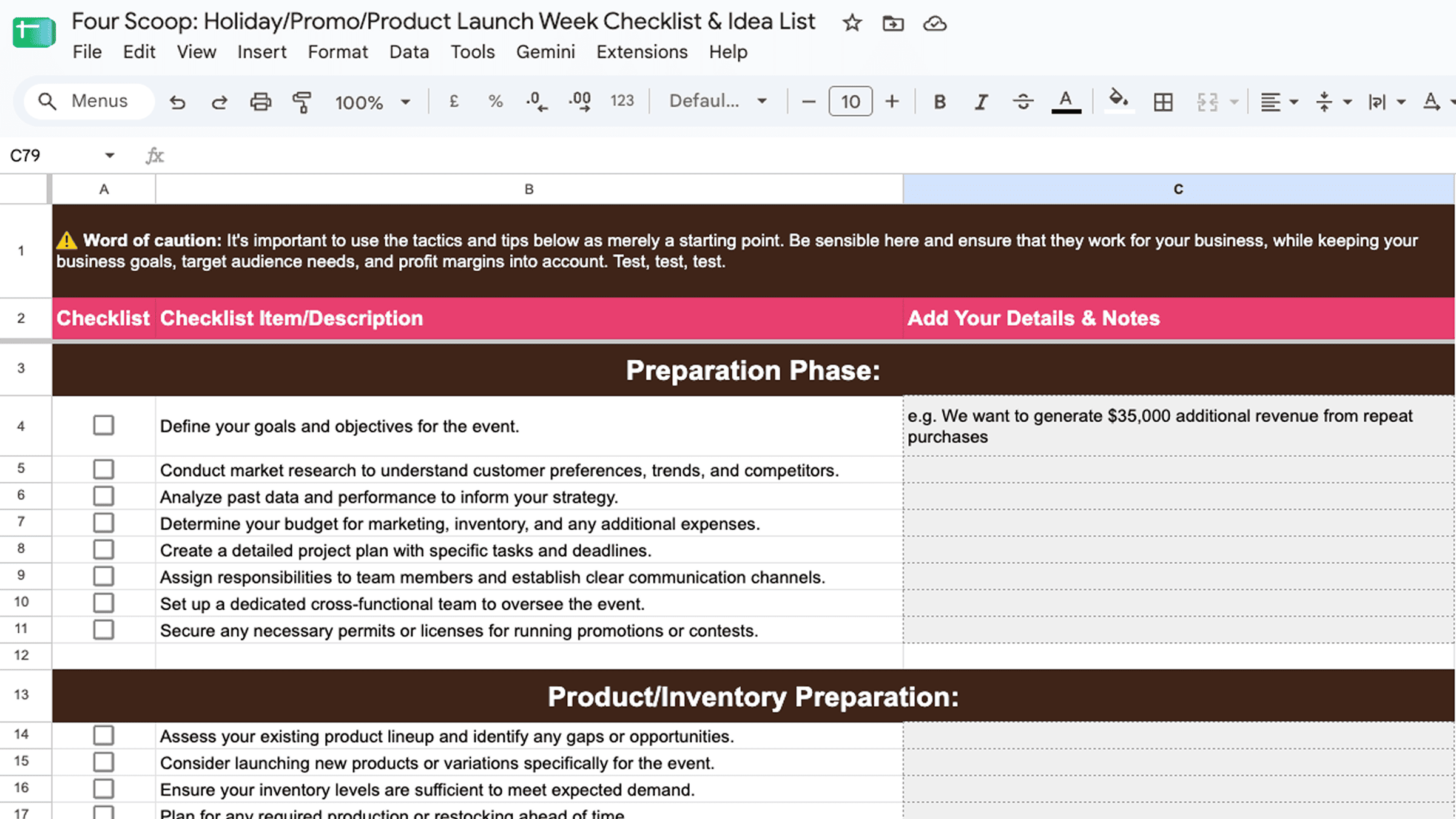 Preview of the launch checklist, phased task rows in a Google Sheet